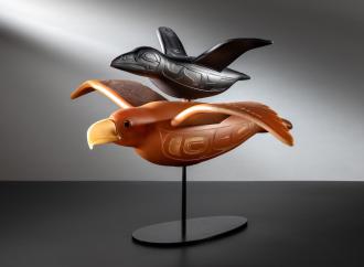 Preston Singletary, Journey of Hearts, blown and sand-carved glass, 19.75h x 33w x 26d. 